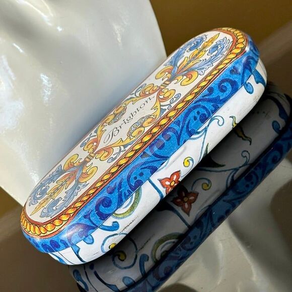 Vtg Brighton White Hardshell Metal Glasses Sunglasses Case Blue Yellow Filigree - Picture 5 of 12